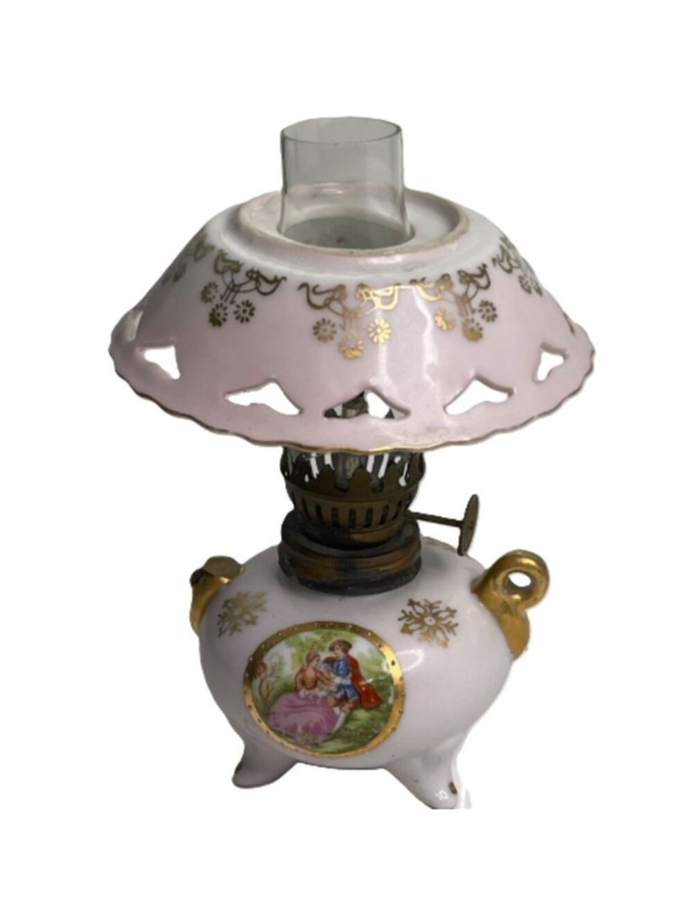 Vintage Miniature 6" Arnart Porcelain Oil Lamp Hand Painted Courtyard As Is